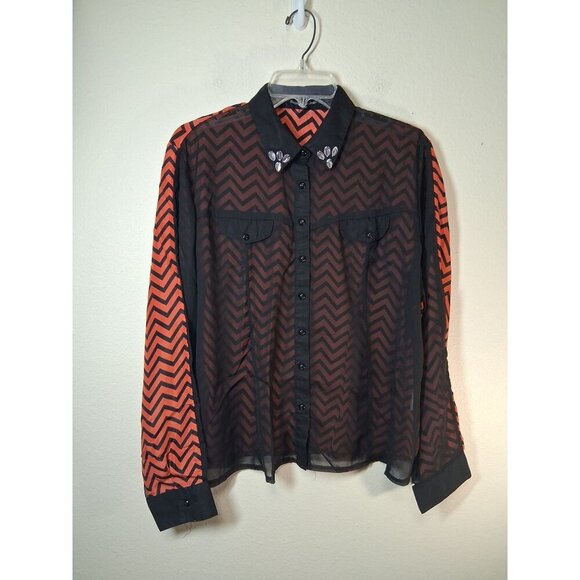 Dinamit Golden Jeans Tops - Dinamit Golden Jeans Sheer Blouse Boho Glam Retro Y2K Black Orange Sz 1X Women's